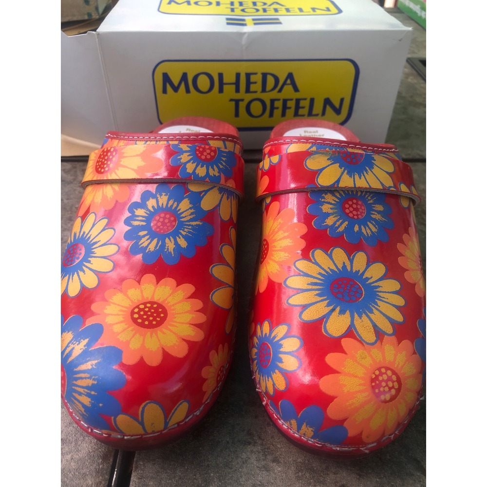 Moheda Toffeln Spagna Red Floral Leather Swedish Clogs Size 39